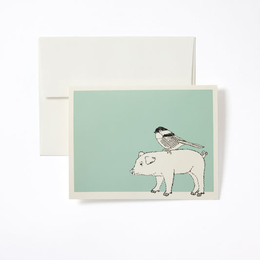 Celadon Pig & Bird Notecard